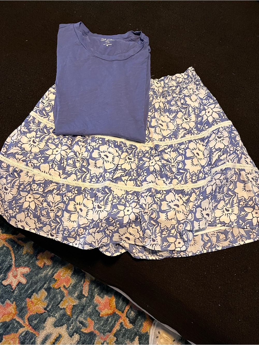 J. Crew Factory Blue and White Floral Tiered Mini Skirt with matching T